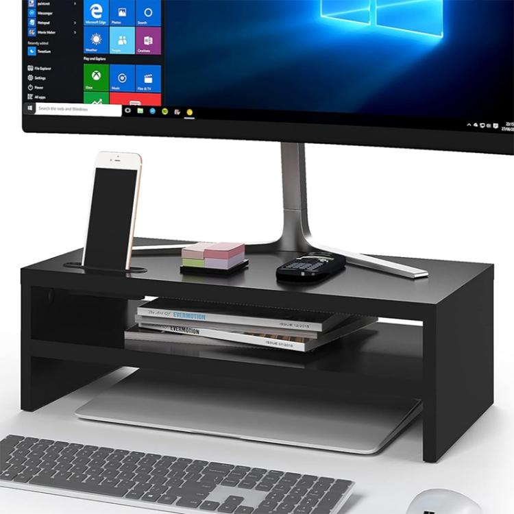 Dual-tier monitor stand with phone holder, black finish, open storage shelves