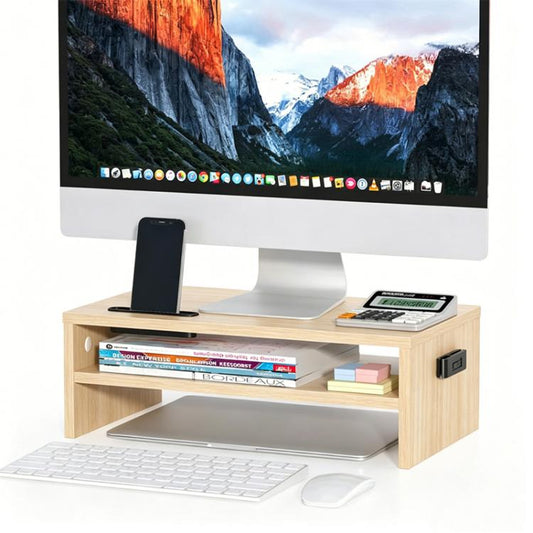 Wooden Dual-Layer Monitor Stand with Phone Holder