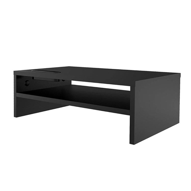Black dual-tier monitor stand with open shelf storage, angled side view