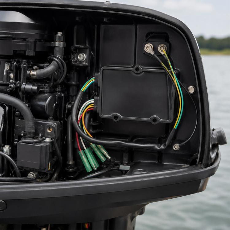 Black ignition switch box with multi-color wiring harness installed on outboard motor