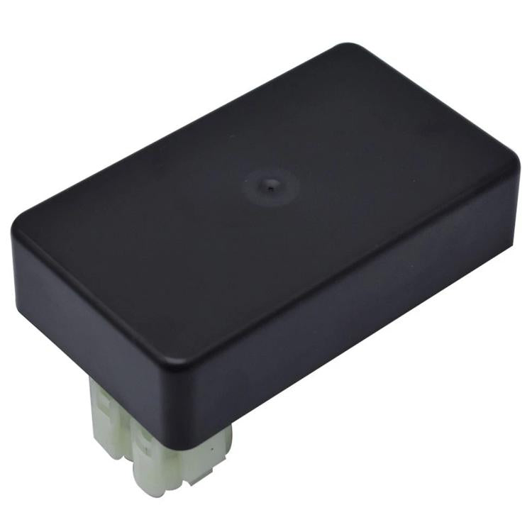 Black ignition control module top view with mounting base and white connector pins