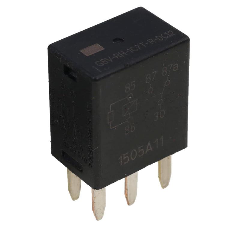 Black 5-pin relay module with three metal prongs and printed top label markings