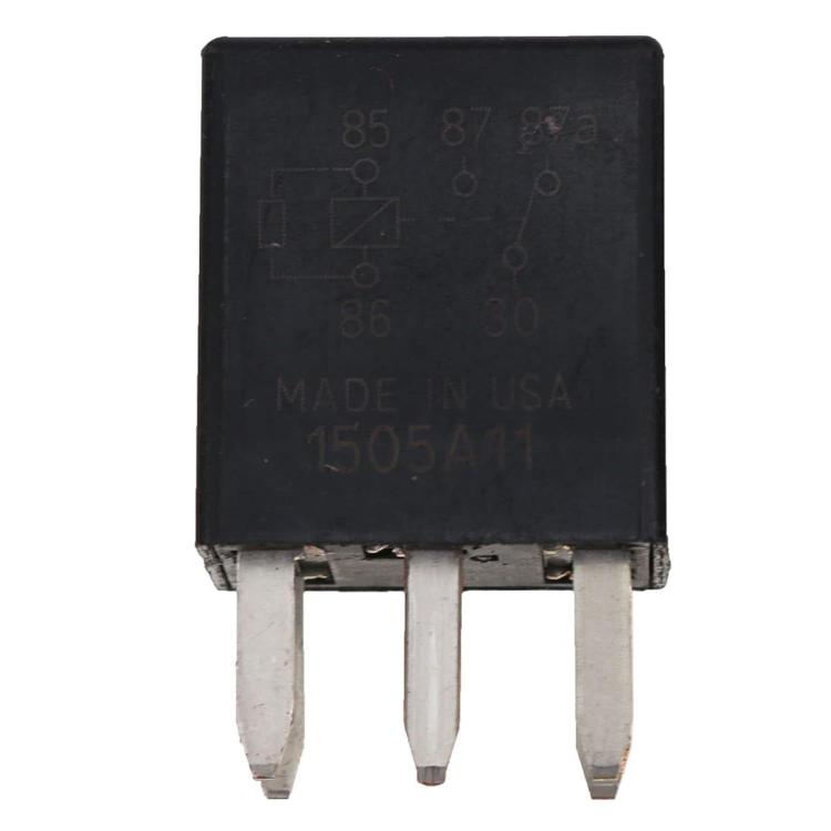 Black 5-pin relay with metal legs and printed specifications on the rear housing