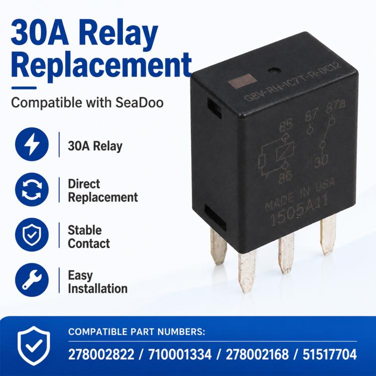 Black 5-pin relay replacement card showing the relay with printed part number references