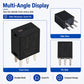 Black 5-pin relay shown from multiple angles with front, side, and pin-side views