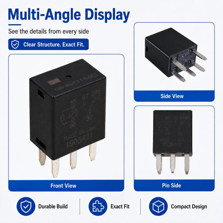 Black 5-pin relay shown from multiple angles with front, side, and pin-side views