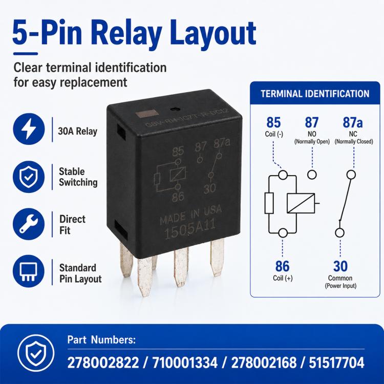 Black 5-pin relay with terminal identification layout diagram