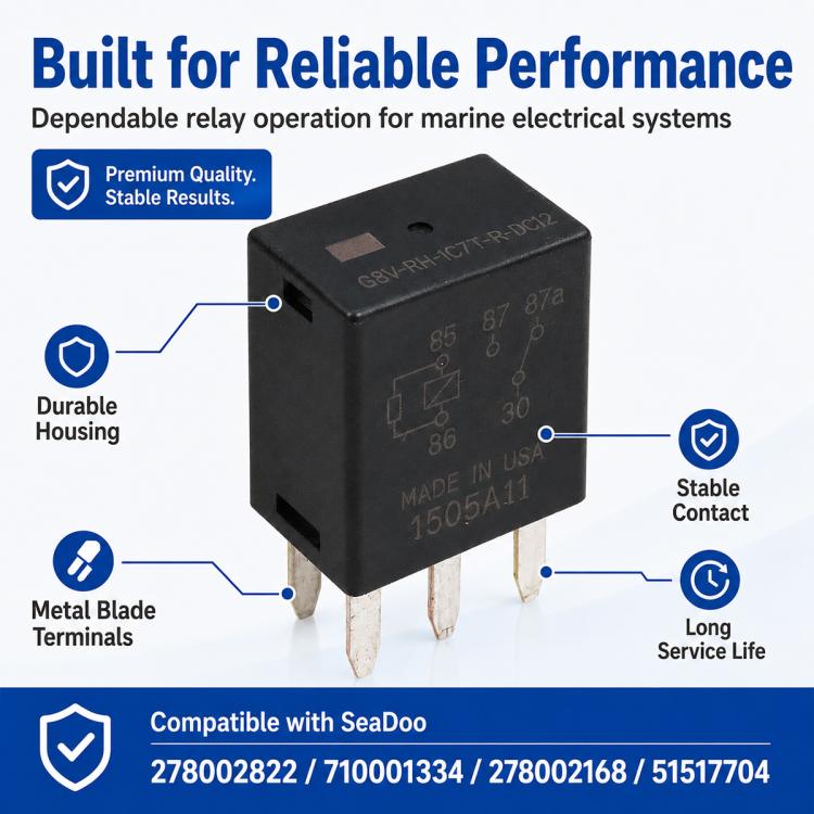 Black 5-pin relay shown with reliable performance feature callouts