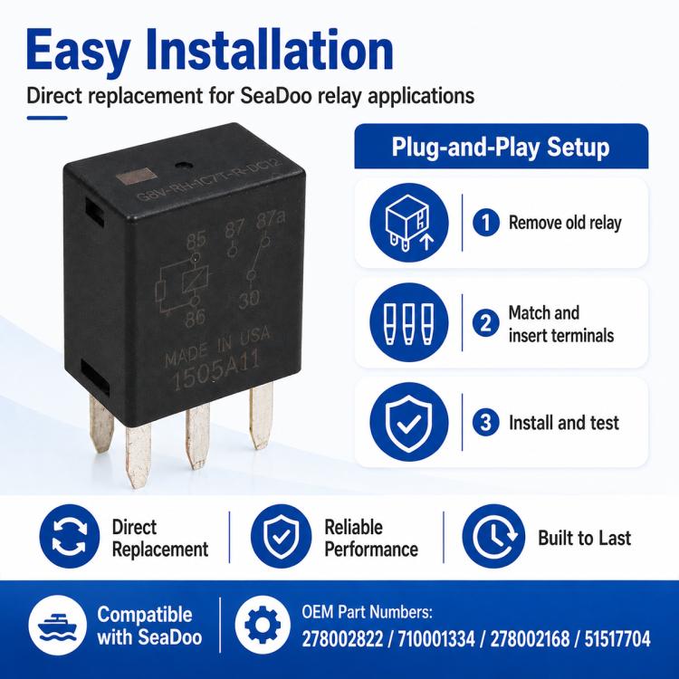 Black 5-pin relay with easy installation step graphic