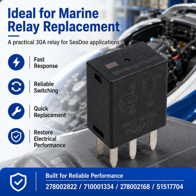 Black 5-pin relay on marine engine bay for relay replacement