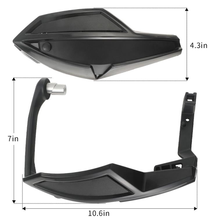 Black ATV handlebar hand guards with mounting brackets, side and end components shown