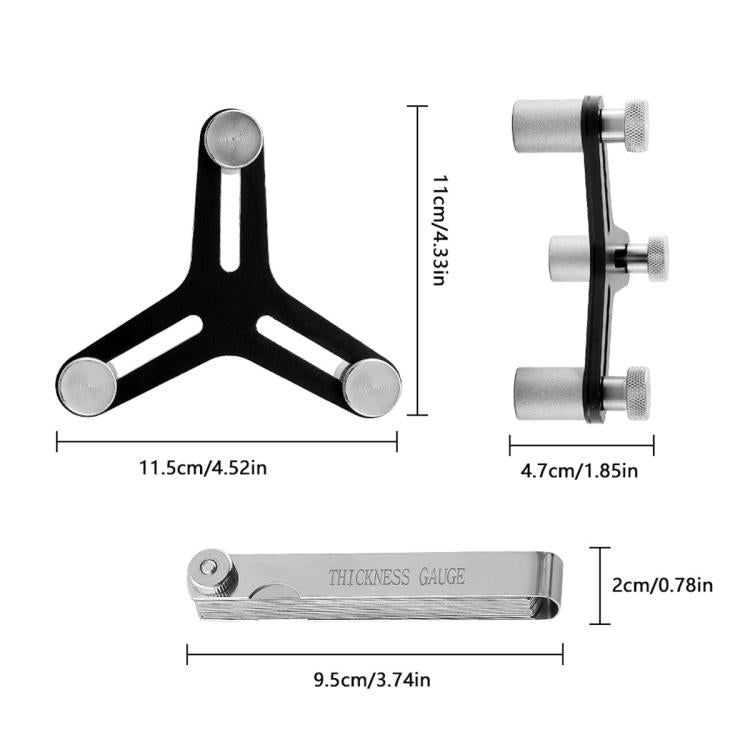 Piston ring squaring tool with thickness gauge and adjustment hardware (measured view)