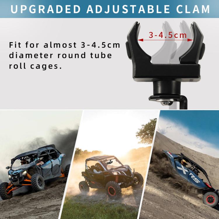 Adjustable rearview mirror clamp with U-shaped bracket for round roll cage tubes