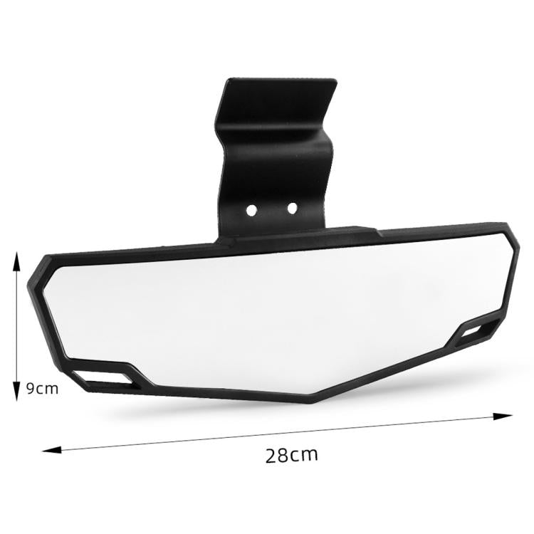 Black UTV center rear view mirror with clear viewing area and mounting bracket