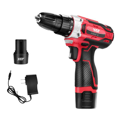 Cordless drill driver kit with red-and-black drill, battery pack, and charger
