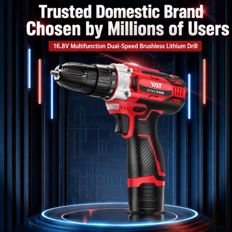 Red and black cordless drill driver with keyless chuck