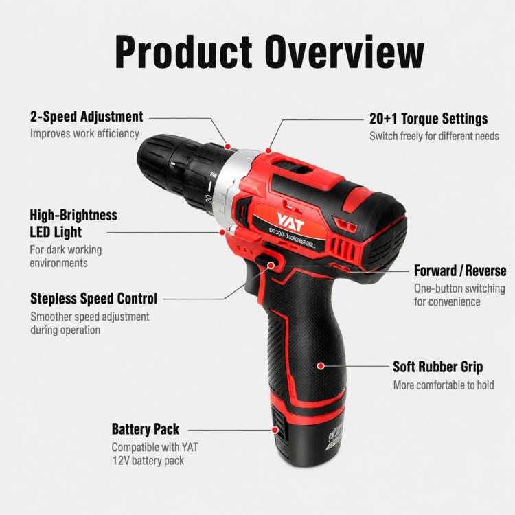 Red and black cordless drill driver with forward/reverse switch and LED light