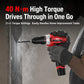 Cordless drill driver in use drilling into wall with red-and-black body