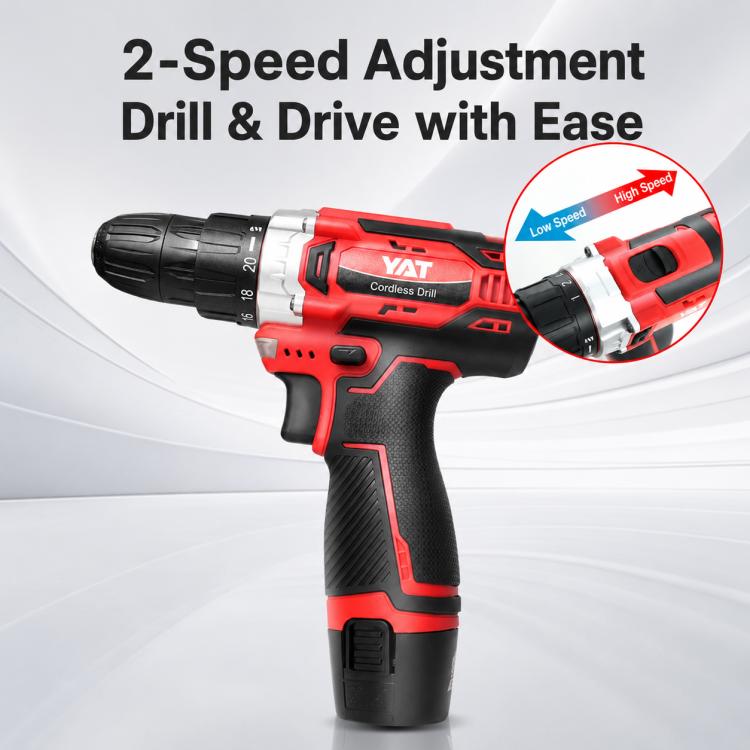Red and black cordless drill driver showing two-speed adjustment