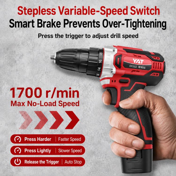 Cordless drill driver held in hand, red-and-black body with trigger