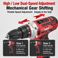 Red-and-black cordless drill driver angled close-up with speed adjustment housing