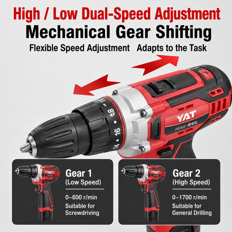 Red-and-black cordless drill driver angled close-up with speed adjustment housing