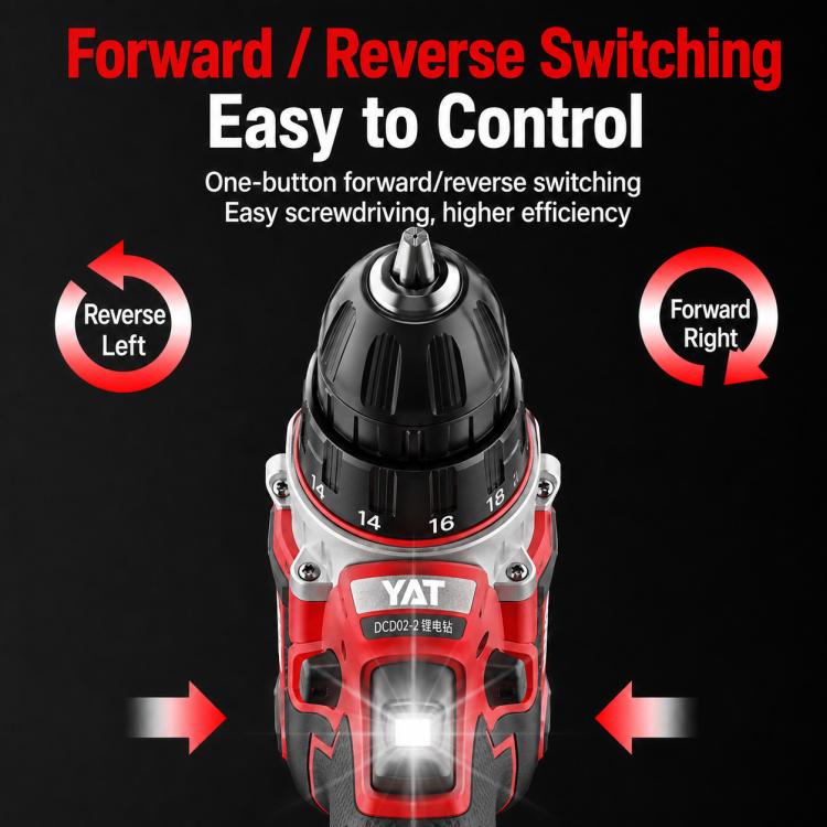 Cordless drill driver front view with red-and-black housing and control switch
