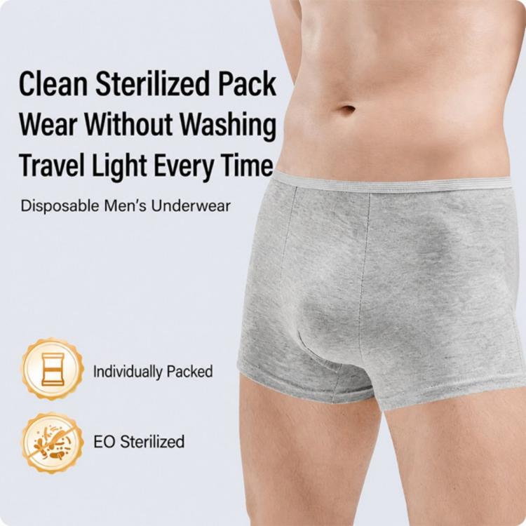 Gray disposable boxer briefs worn by a man, travel-ready single-use underwear fit