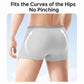 Men's grey disposable boxer briefs on model, no-pinching fit with elastic waistband.
