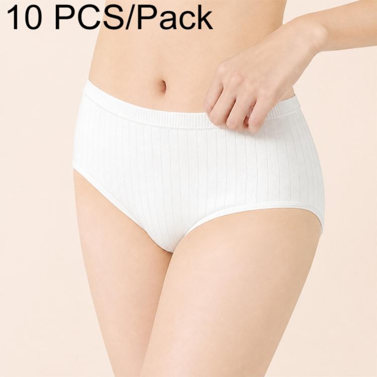 Women's disposable cotton crotch brief, white ribbed knit, front view, 10-pack.