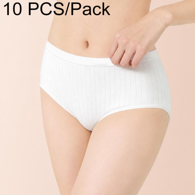 Women's white disposable cotton crotch brief with ribbed stripes, hand holding waistband, 10-pack.