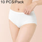 Women's white disposable cotton crotch brief with ribbed texture, waistband held in place, 10-pack.