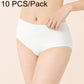 Women's disposable cotton crotch brief in white, ribbed knit, hand on waistband, 10-pack.