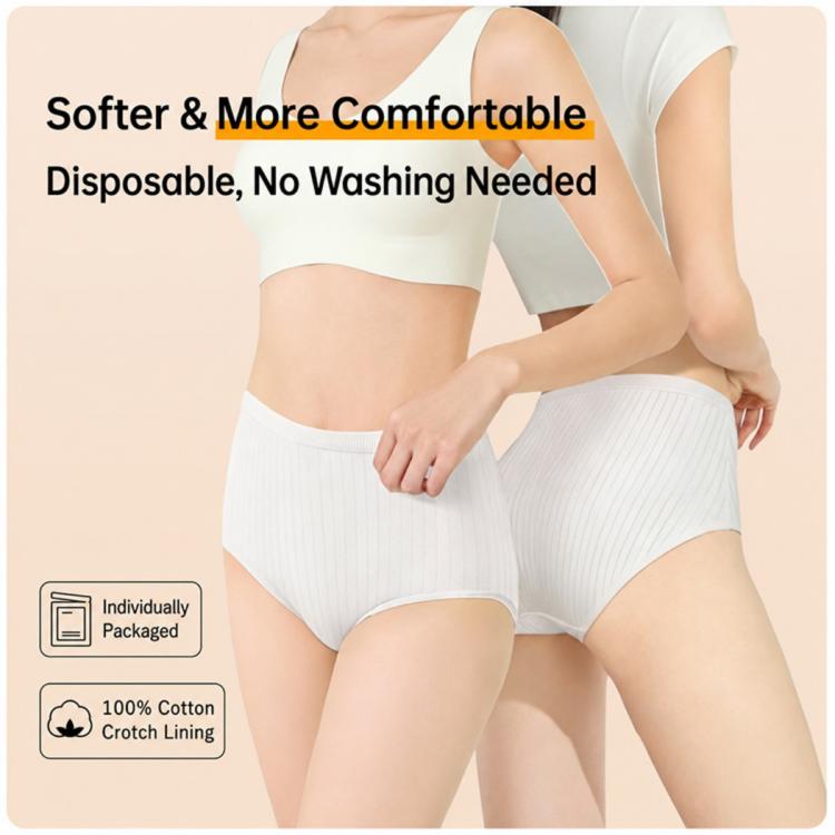 Women disposable underwear briefs, white, on-model front view with elastic waistband