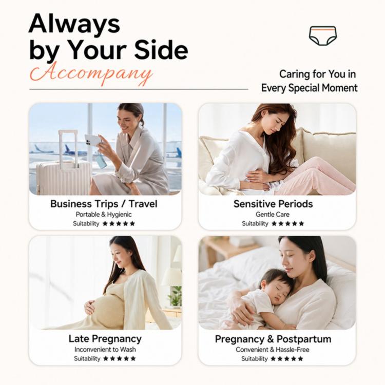 Women disposable underwear briefs shown in use-scenario panels for travel, periods, and postpartum