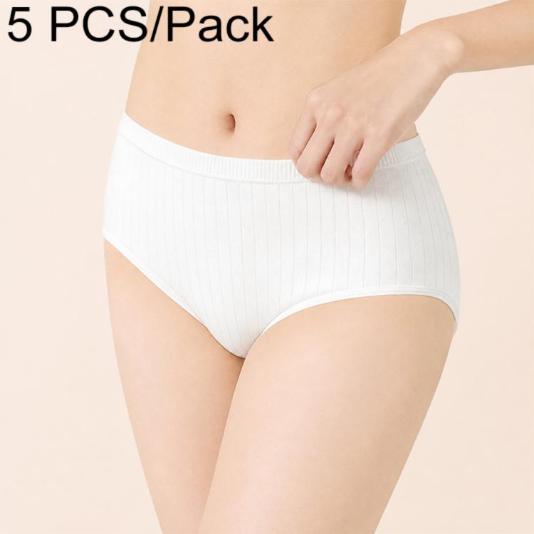Women’s disposable cotton brief, white ribbed fabric, wide waistband, 5-pack