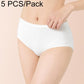 Women’s disposable cotton brief, white with ribbed waistband, hand holding top, 5-pack