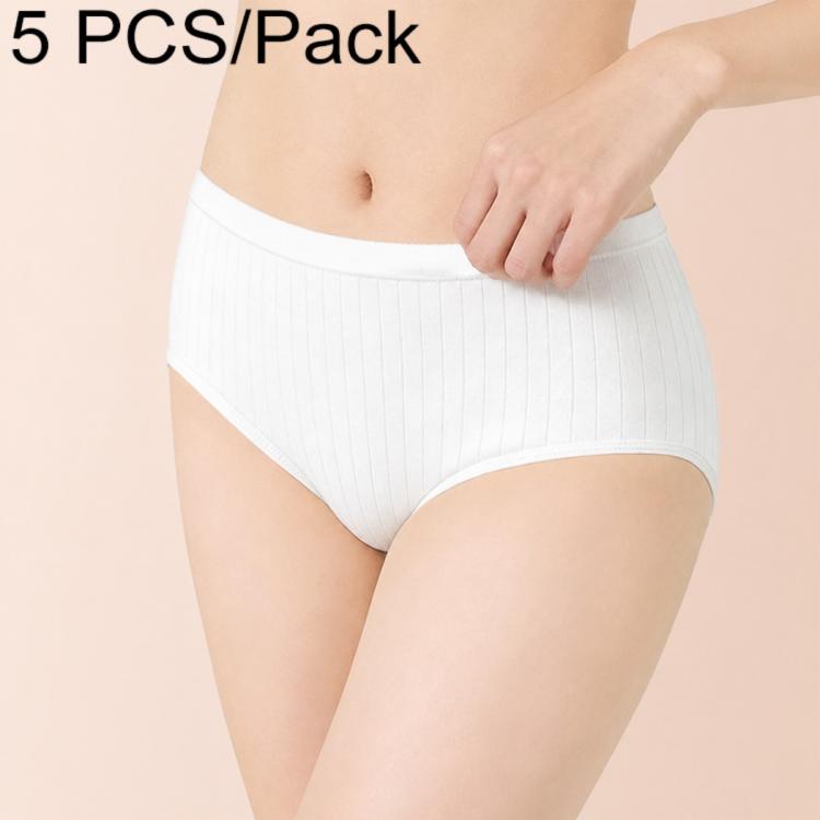 Women’s disposable cotton brief, white with ribbed waistband, wide coverage, 5-pack