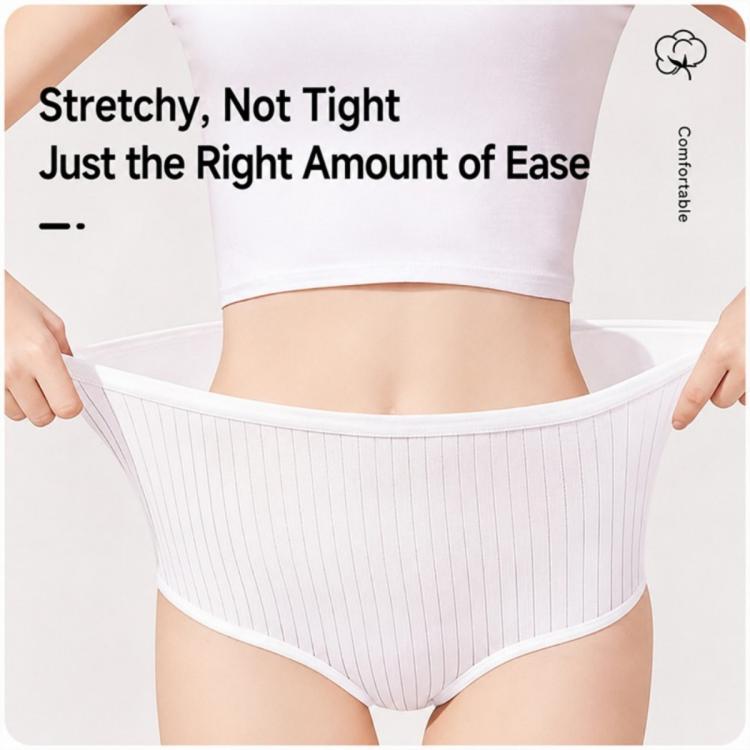 Women’s disposable brief underwear, white pinstripe fabric, stretchy waistband