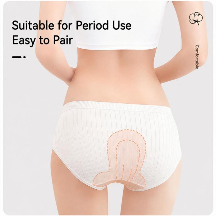 Women’s disposable cotton-crotch briefs for period use, white pinstripe coverage