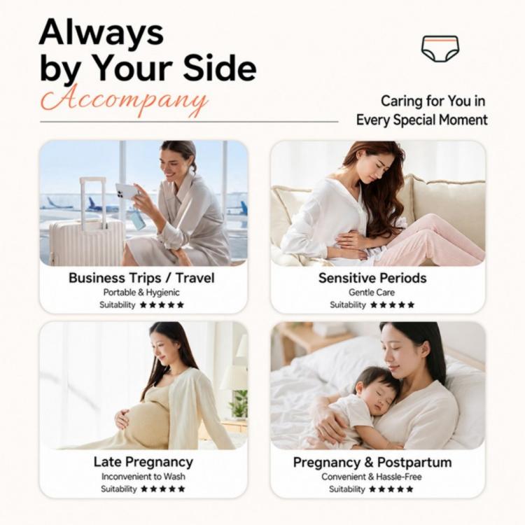 Women’s disposable underwear briefs shown with care and use-case icons