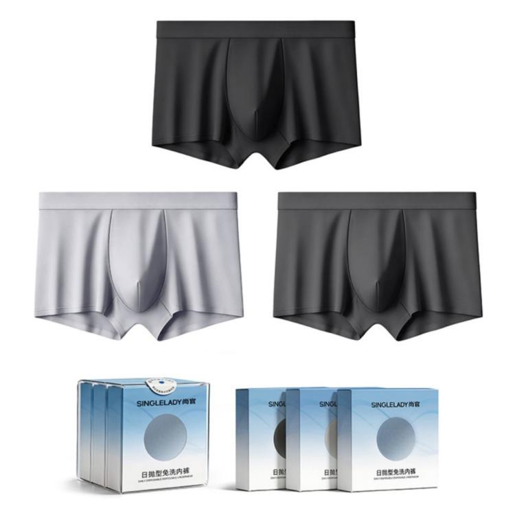 3-pack men’s disposable boxer briefs in black, dark gray, and blue-gray