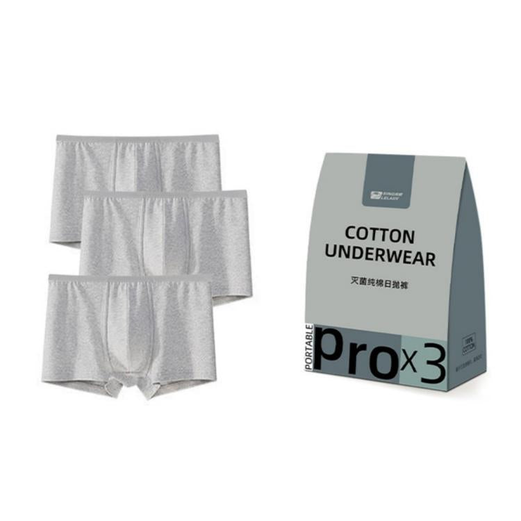 Men's disposable boxer briefs 3-pack in light gray, folded with matching packaging