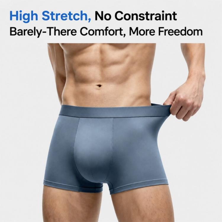 Men's blue-gray boxer briefs on model with pulled-up waistband for fit