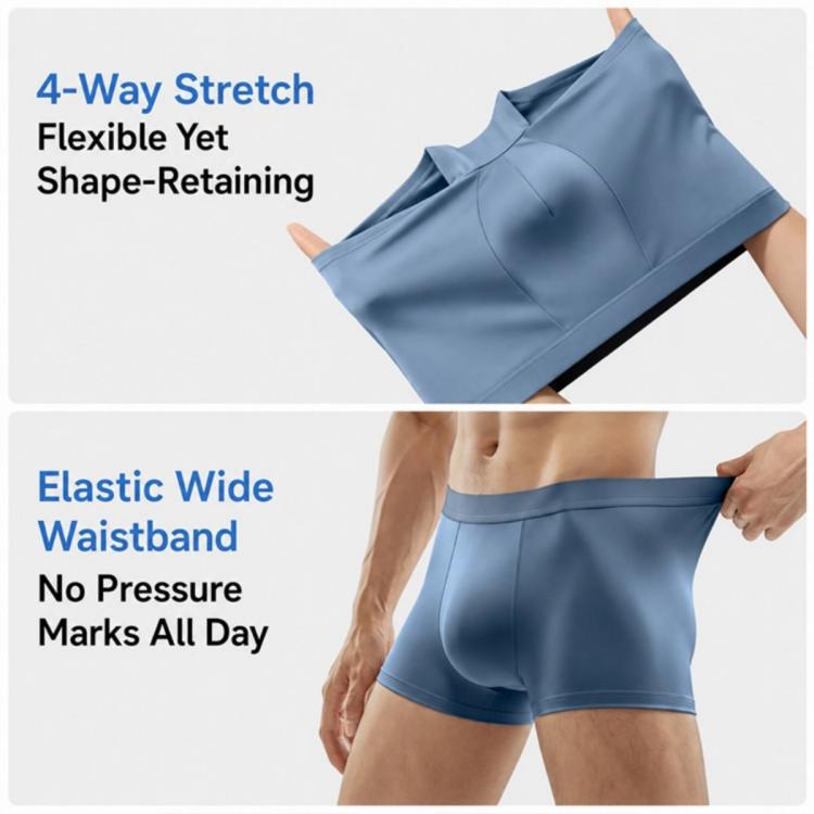 Men's disposable boxer brief, blue, elastic waistband, short leg, side view.