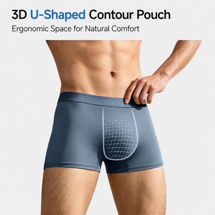Men's disposable boxer brief, blue, U-shaped pouch, elastic waistband, front view.