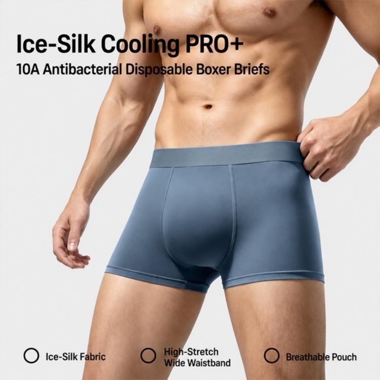 Men's disposable cooling boxer briefs, blue, pouch front, elastic waistband.