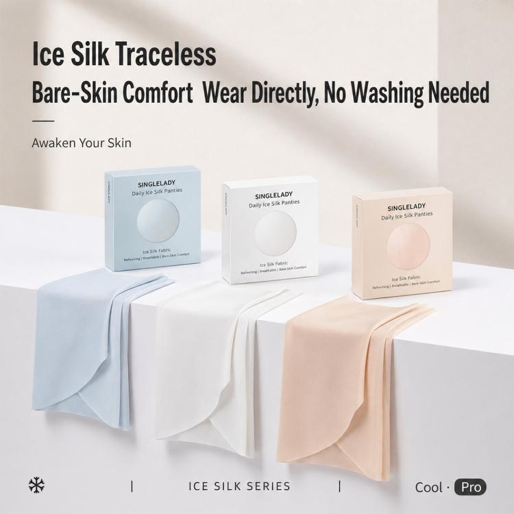 Disposable seamless ice silk underwear briefs with boxed sets and folded blue, white, and beige pairs