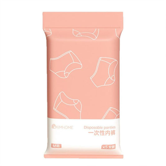 Pink disposable panties pack, size M, 5-count individually wrapped briefs