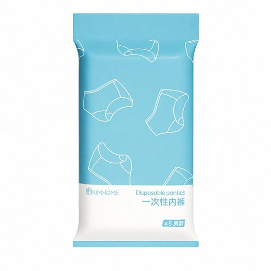 Blue disposable panties pack, size M, 5-count individually wrapped briefs